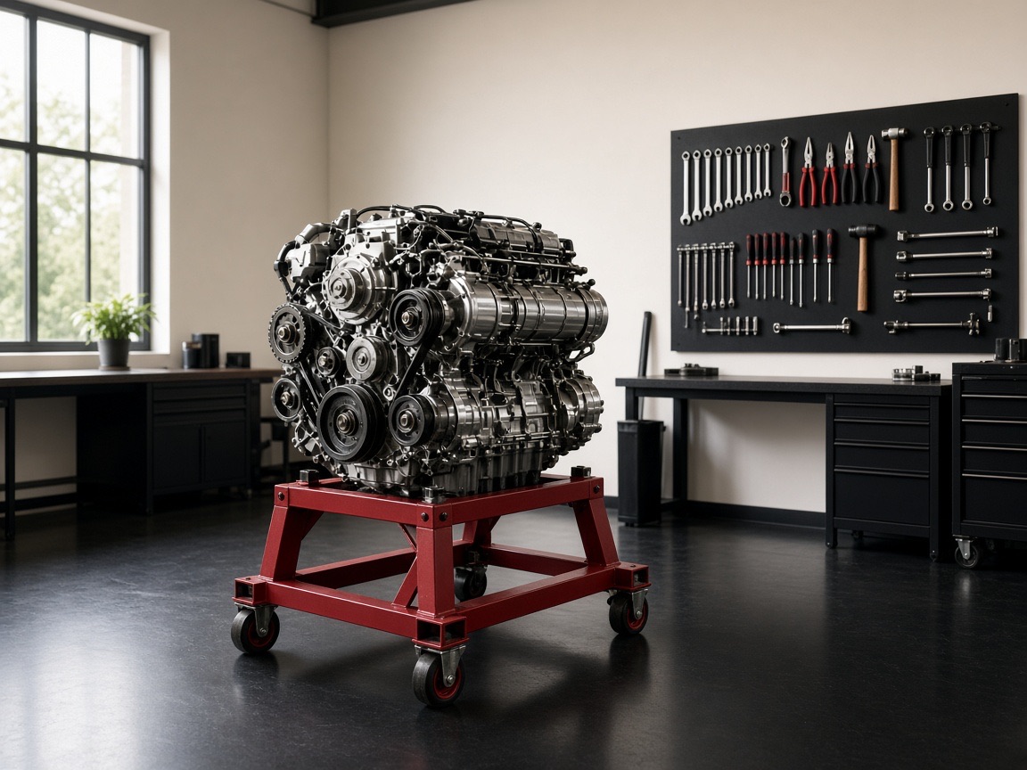 Workshop bay with an engine in the foreground